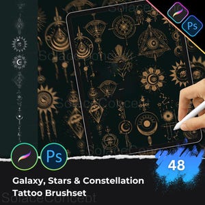 May include: A digital tablet displays a collection of gold-colored galaxy, star, and constellation designs. The designs are displayed on a dark background. The tablet is being used with a stylus. The image also includes the text "Galaxy, Stars & Constellation Tattoo Brushset" and the number "48".