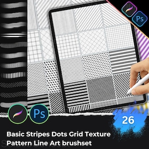 May include: A digital art brush set showcasing diverse patterns such as stripes, dots, and grids. The image presents a tablet displaying various line art textures. The text reads "Basic Stripes Dots Grid Texture Pattern Line Art brushset" with the number "26" visible.