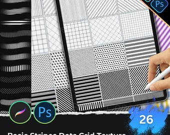 26 Basic Pattern Procreate Photoshop Brushes, Stripes Grid Dots Lines Texture Brush Set, Commercial Use Seamless Background Elements