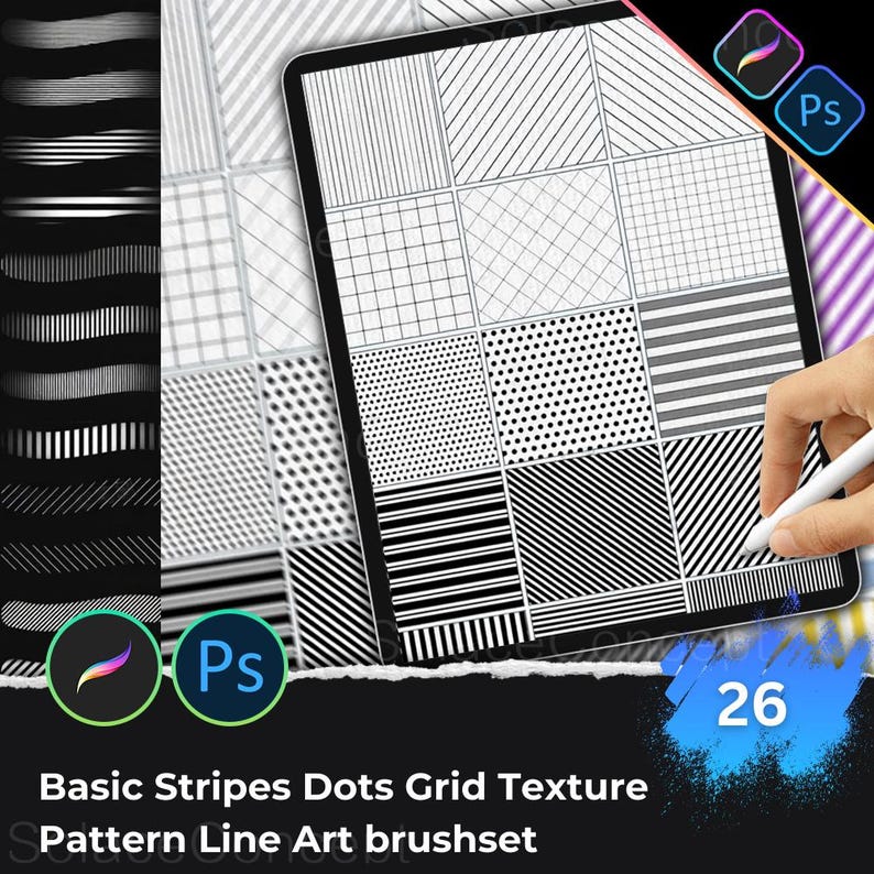 May include: A digital art brush set featuring various patterns, including stripes, dots, and grids. The image displays a tablet with different line art textures, accompanied by the text "Basic Stripes Dots Grid Texture Pattern Line Art brushset" and the number "26".