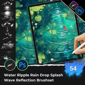 Puede incluir: Conjunto de pinceles digitales con efectos de agua, incluyendo ondas y salpicaduras. La imagen muestra una tableta que muestra una escena de estanque con un pez rojo y nenúfares. El conjunto incluye 54 pinceles para Procreate y Photoshop.