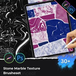 May include: A digital tablet displaying a stone marble texture design in shades of blue, purple, and white. The image includes the text "Stone Marble Texture Brushes" and the number "30+". The tablet is being used with a stylus, and the image also features the logos for Procreate and Photoshop.