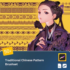 May include: A digital illustration of a woman wearing a purple and black traditional Chinese dress with intricate patterns. The image is a promotional graphic for a brush set featuring 50+ traditional Chinese patterns. The text "Traditional Chinese Pattern Brushset" is displayed below the image.