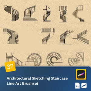 Puede incluir: Un conjunto de 37 pinceles de arte de línea para Procreate, que presentan varios estilos de escaleras. Los pinceles están diseñados para el boceto arquitectónico y la creación de dibujos realistas.