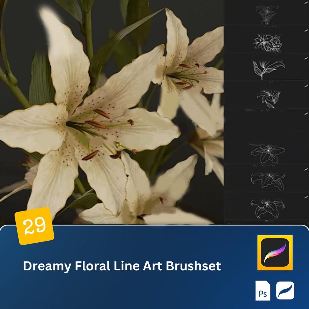 Dreamy Floral Line Art Procreate & Photoshop Brushset Elegant Lilies ...