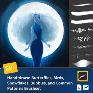 May include: A digital illustration of a woman with long blue hair standing in front of a full moon. The image is a preview for a brush set that includes 20+ hand-drawn butterflies, birds, snowflakes, bubbles, and common patterns.