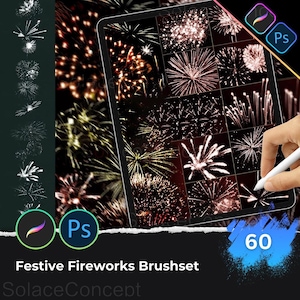 May include: A digital tablet displays a collection of fireworks designs, with a hand holding a stylus. The screen shows various firework bursts in white, gold, and pink hues. The text reads "Festive Fireworks Brushset" and "60".