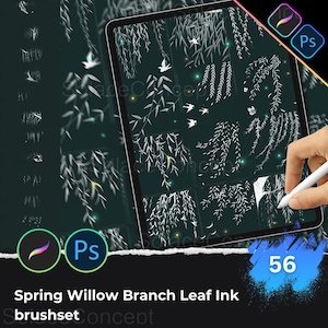 May include: A digital art brush set displayed on a tablet, featuring white willow branch and leaf designs with flying birds against a dark green background. The text reads "Spring Willow Branch Leaf Ink brushset concept" and includes the number "56".
