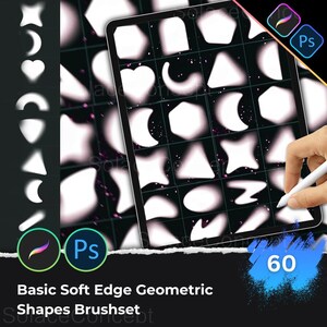 May include: A digital art brushset displayed on a tablet, featuring 60 basic soft-edge geometric shapes. The shapes include hearts, moons, and triangles, with a soft, glowing effect. The image also includes the text "Basic Soft Edge Geometric Shapes Brushset".