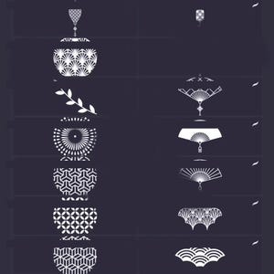 May include: A set of 10 white geometric patterns on a black background. The patterns include a fan, a circle, a square, and a wave.