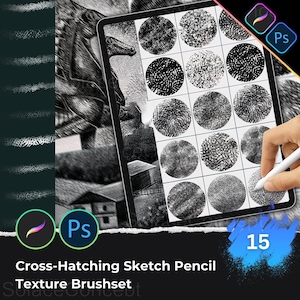 May include: A digital art tutorial on a tablet, showcasing cross-hatching sketch pencil texture brushes. The screen displays various circular patterns with different textures. The image includes the text "Cross-Hatching Sketch Pencil Texture Brushset" and the number "15".