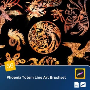 Könnte beinhalten: Ein Set mit 36 digitalen Pinseln mit Phönix-Totem-Linienkunstdesigns. Die Pinsel eignen sich perfekt zum Erstellen von filigranen und detaillierten Illustrationen. Die Pinsel können in Adobe Photoshop und Procreate verwendet werden.