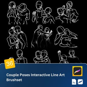 36 Couple Poses Interactive Line Art Procreate and PS Brushset, Dynamic Figures, and Sketches Perfect for Drawing Romantic Gestures iPad Art