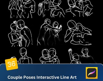 36 Couple Poses Interactive Line Art Procreate and PS Brushset, Dynamic Figures, and Sketches Perfect for Drawing Romantic Gestures iPad Art