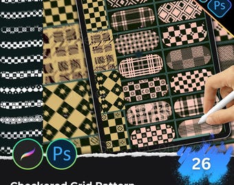 Checkered Grid Pattern Procreate PS Brushset | Plaid Textures, Fashion Fabric Checks, Seamless Background Grids & Clothing Design Line Art