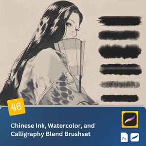 May include: A set of 46 Chinese ink, watercolor, and calligraphy blend brushes for digital art. The brushes are shown as black strokes on a beige background. The image also includes a woman with long black hair wearing a traditional Japanese kimono.