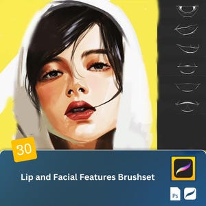 May include: A set of 30 digital brushes for drawing lips and facial features. The image shows a woman's face with a close-up of her lips. The brushes are designed for use with Procreate and Photoshop.