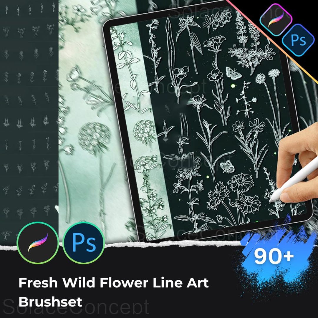 Wildflower Procreate PS Brushset Floral Line Art Brushes for Cute ...