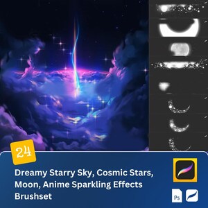 24 Dreamy Starry Sky, Cosmic Stars, Moon, Anime Sparkling Effects Procreate and PS Brushset Glittering Stars, and Celestial Magic