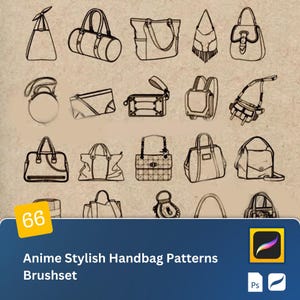 Könnte beinhalten: Ein Set mit 66 handgezeichneten Anime-Handtaschenmustern für digitale Kunst. Die Muster umfassen verschiedene Stile von Handtaschen, wie zum Beispiel Einkaufstaschen, Clutches, Satchels und Rucksäcke. Die Muster sind in Schwarzweiß gehalten und perfekt, um einzigartige und stilvolle Designs zu erstellen.