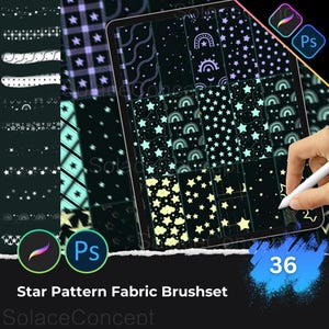 Könnte beinhalten: Digitale Präsentation von Sternmuster-Stoffpinseln. Die Muster zeigen Sterne, Regenbogen und Wolken in Weiß, Türkis und Gelb auf schwarzem Hintergrund. Der Text lautet "Star Pattern Fabric Brushset" und "36".