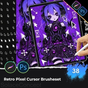 May include: A digital art illustration of a purple-haired anime character on a tablet, with cursor icons and the text "Retro Pixel Cursor Brushes". A hand holds a stylus near the screen. The image also includes the numbers "38" and the logos for Procreate and Photoshop.