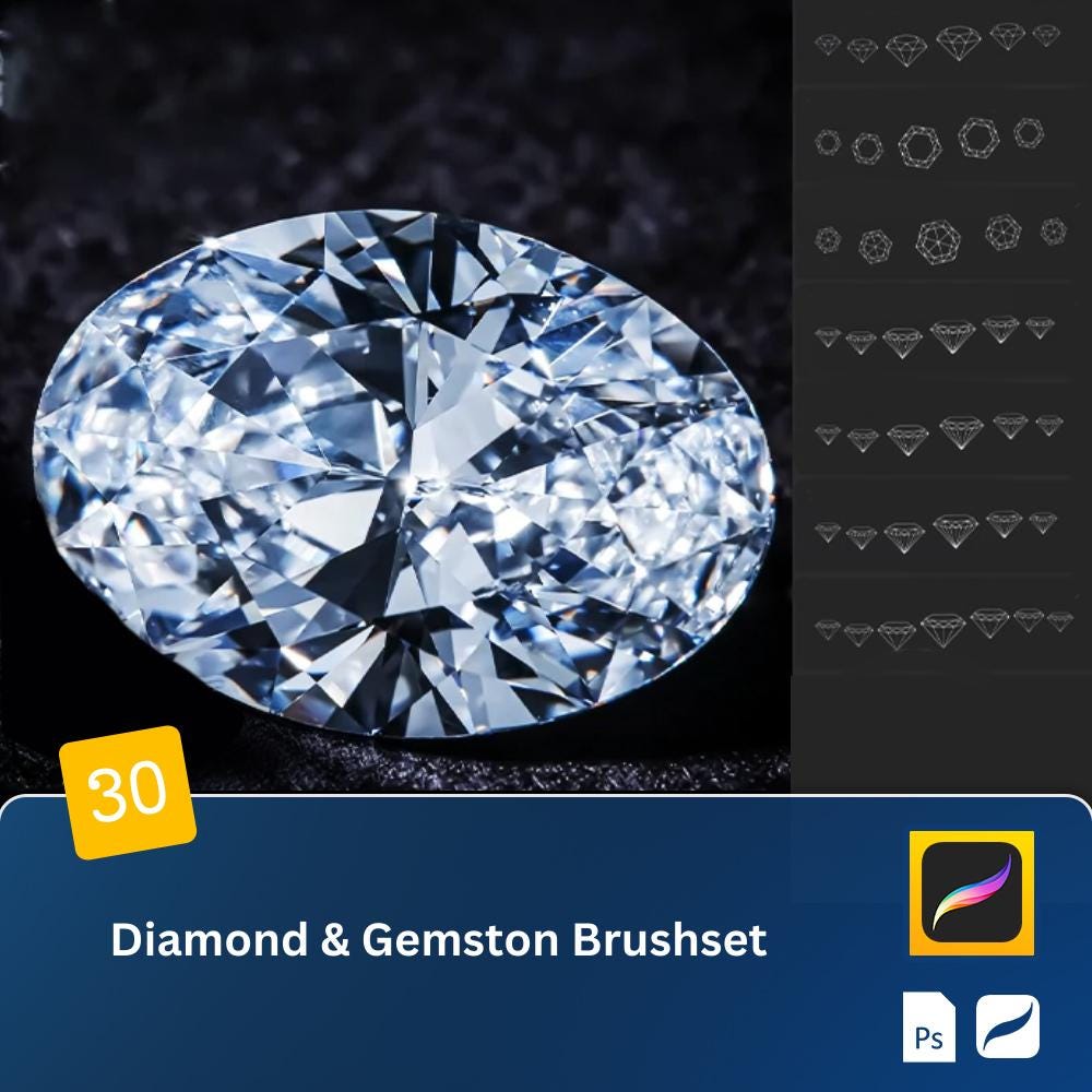 Pincéis carimbo de diamantes e gemas para Procreate e Photoshop – Detalhe de joias, line art, ilustração no iPad