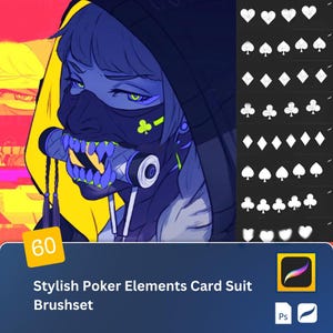 May include: A set of 60 stylised poker card suit brushes for digital art. The brushes are designed in a modern, edgy style with a cyberpunk aesthetic. The image shows a person wearing a black mask with a green clover design and a yellow hoodie. The brushes are displayed in a grid on the right side of the image.