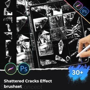 May include: A digital art concept featuring a tablet screen displaying a shattered glass effect, with a hand holding a stylus. The image includes the text "Shattered Cracks Effect" and "30+". Logos for Procreate and Photoshop are also present.