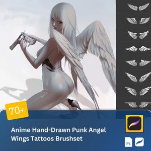 May include: A digital illustration of an anime-style angel with white wings and a gun. The image is a brush set for creating punk angel wings tattoos. The text "70+ Anime Hand-Drawn Punk Angel Wings Tattoos Brushset" is at the bottom of the image.