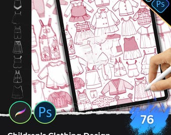 Children’s Fashion Outfit Procreate & PS Brushset, Kids Clothing Design Sketches, Dresses, Rompers, Apparel Templates, Fashion Illustration
