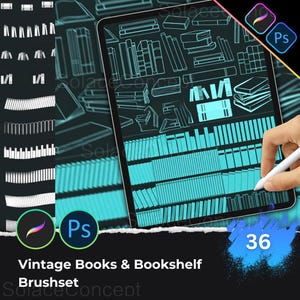 May include: Digital art brushes for Procreate and Photoshop. The image shows a tablet displaying a teal bookshelf design with various book and bookshelf illustrations. The text reads "Vintage Books & Bookshelf Brushset". A hand holds a stylus.