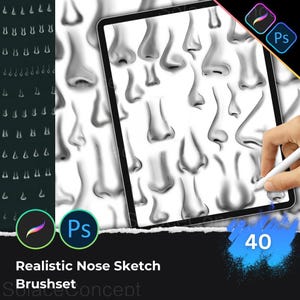 May include: A digital illustration showing multiple realistic nose sketches on a tablet. The image includes the text "Realistic Nose Sketch Brushset" and the number "40". Logos for Procreate and Photoshop are also visible.