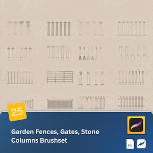 Puede incluir: Un conjunto de 25 pinceladas de vallas de jardín, puertas y columnas de piedra. La imagen presenta varios diseños de vallas, puertas y columnas en un estilo de boceto. El texto de la imagen dice "Garden Fences, Gates, Stone Columns Brushset".
