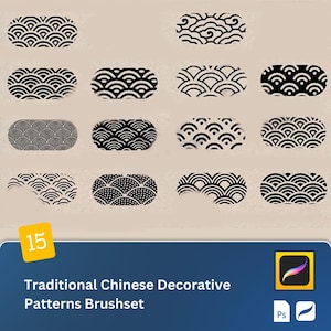 May include: A set of 15 black and white traditional Chinese decorative patterns brush set for Procreate. The patterns are in the shape of waves and clouds.