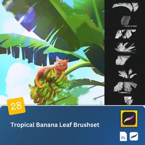 Puede incluir: Un conjunto de 28 pinceles digitales para Procreate con hojas de plátano tropicales. Los pinceles se muestran en escala de grises sobre un fondo negro. La imagen también muestra un gato de dibujos animados sentado en un racimo de plátanos en un entorno tropical.
