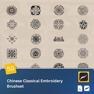 Puede incluir: Un conjunto de 50 diseños de pinceles de bordado clásico chino. Los diseños son en blanco y negro y presentan patrones intrincados. El conjunto de pinceles es para usar con Procreate.