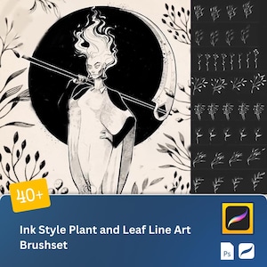 40+ Ink Style Plant and Leaf Line Art for Hand-Drawn Botanical Sketches on iPad Procreate & Photoshop Brushset