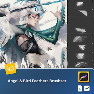 May include: A set of 40 digital brushes for Procreate featuring angel and bird feathers. The brushes are shown in a variety of sizes and shapes, with a white background. The image also includes a digital illustration of a woman with white feathers and a green and black outfit.