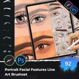 May include: Digital art brushset for portrait facial features. The image shows a tablet displaying eye and facial feature sketches, with a stylus. The text reads "Portrait Facial Features Line Art Brushset" and "92". Logos for "Ps" and a drawing app are also visible.