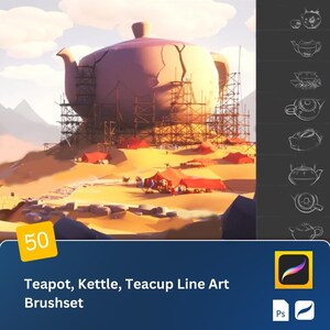 May include: A digital illustration of a giant teapot under construction on a desert landscape. The teapot is made of clay and has a crack in it. The illustration is surrounded by a border of 50 line art illustrations of teapots, kettles, and teacups. The text "Teapot, Kettle, Teacup Line Art Brushset" is at the bottom of the image.