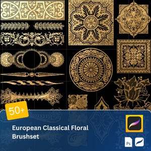 May include: A set of 50+ gold European classical floral brush designs for use in digital art programs. The brushes are displayed on a black background.