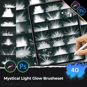 May include: A digital tablet displays a collection of 40 mystical light glow brushes. The brushes are arranged in a grid, showcasing various light burst effects in shades of white and gray. The text "Mystical Light Glow Brusheset" is visible.