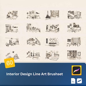 May include: A set of 60 hand-drawn interior design line art brushes for use in Adobe Photoshop. The brushes feature various interior design elements, such as furniture, windows, and fireplaces.