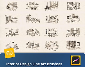 Interior Design Line Art Procreate & Photoshop Brushset Architectural Sketches, Home Decor Elements, and Furniture Illustrations
