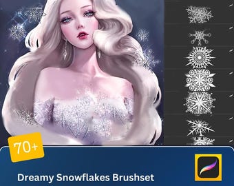 May include: A digital illustration of a woman with long white hair wearing a white dress with snowflake designs. The image is a promotional graphic for a set of 70+ digital snowflake brushes for use in digital art programs.