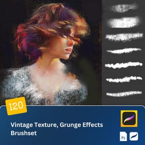 May include: A set of 120 vintage texture and grunge effect brushes for digital art. The brushes are shown on a black background with a woman's portrait in the background. The brushes are white and create a variety of textures, including rough, smooth, and textured.