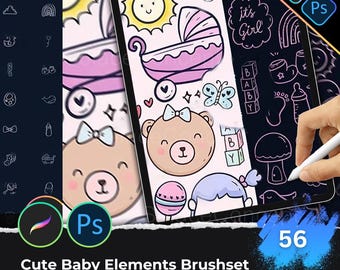 Cute Baby Elements Procreate & PS Brushset, Infant Line Art, Hand-drawn Sketch Icons, Nursery Doodle, Baby Shower Decor, Journal Design