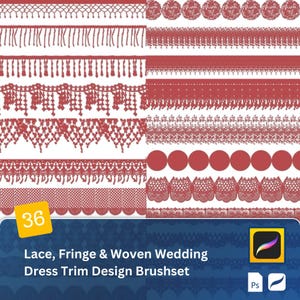 May include: A set of 36 digital brushes for Adobe Photoshop featuring lace, fringe, and woven designs. The brushes are ideal for adding a touch of elegance to wedding invitations, stationery, and other projects.