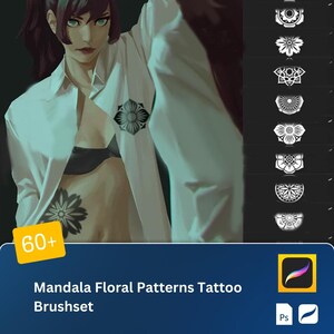 May include: A set of 60+ digital tattoo brushes featuring mandala and floral patterns. The brushes are designed for use with Adobe Photoshop and are ideal for creating intricate and detailed tattoos.